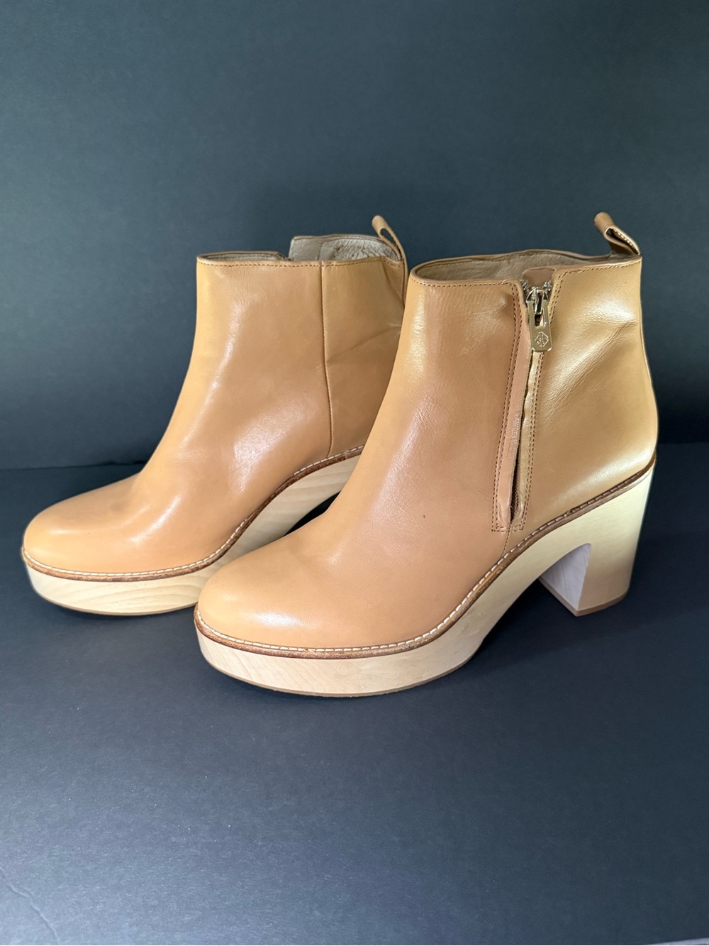 ANTONIO MELANI Tan Leather Platform Ankle Booties with Side Zip